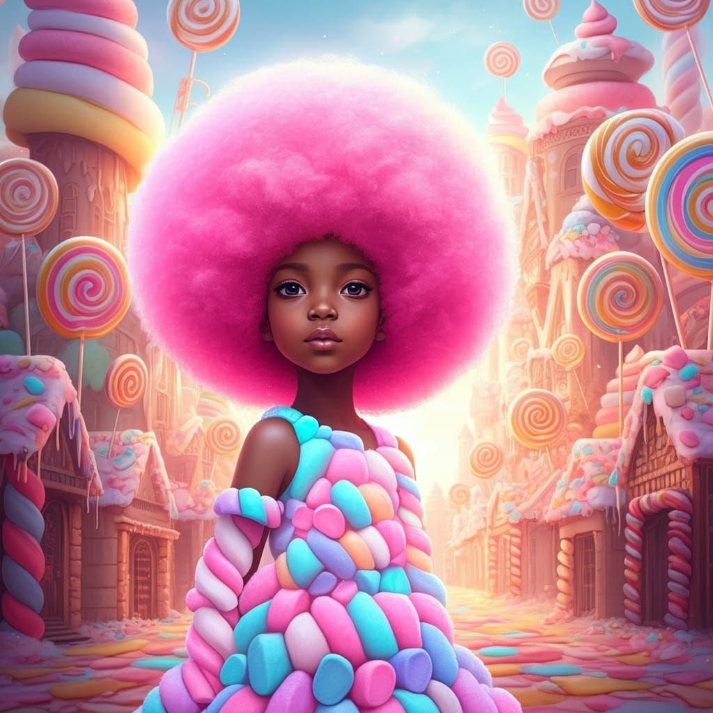 Marshmallow Girl in a Candy City, Digital Art