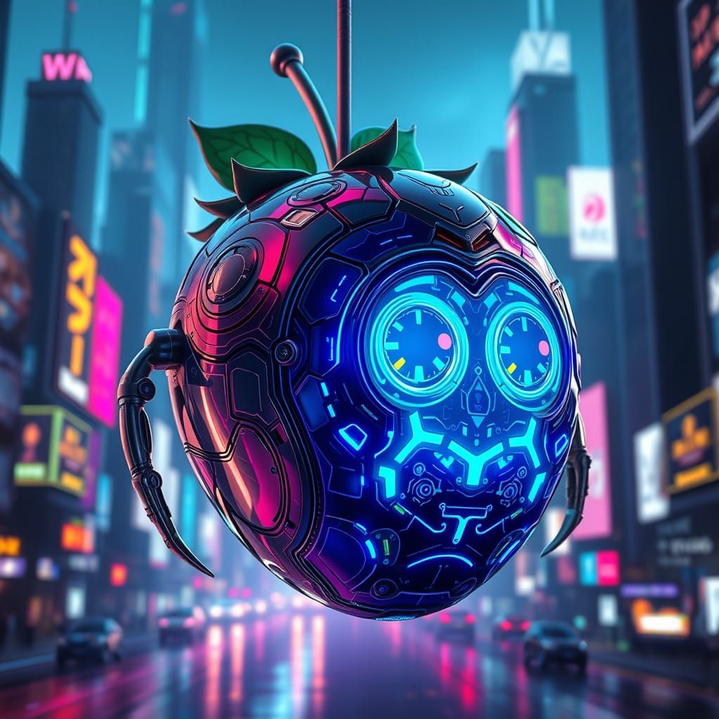 Robotic Blueberry in Cyberpunk Cityscape