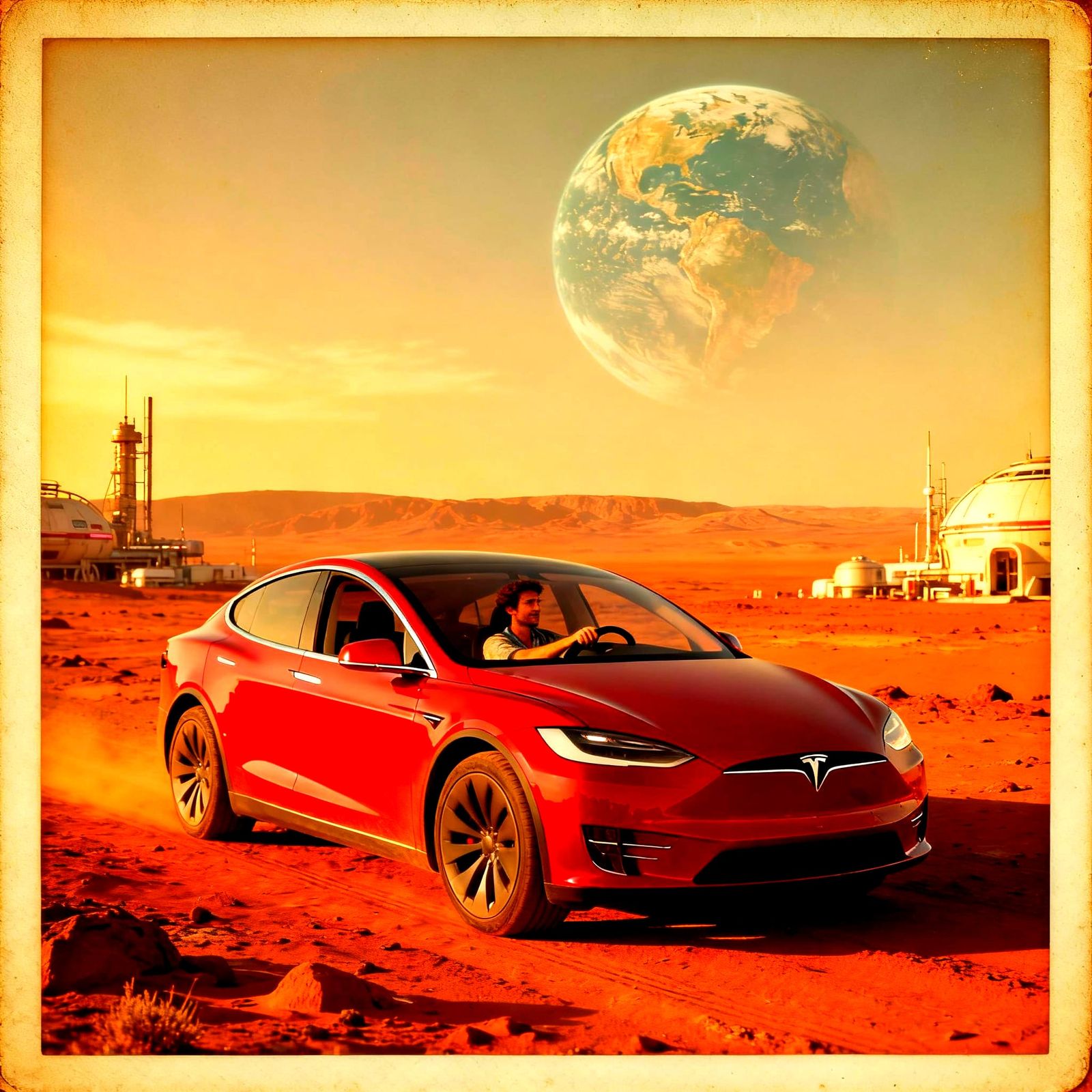 Driving Cherry Red Tesla on Terraformed Mars