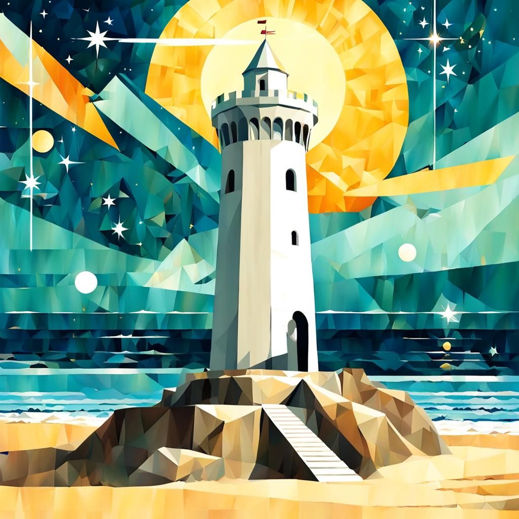 Princess by Tower: Cubist Art Deco Painting