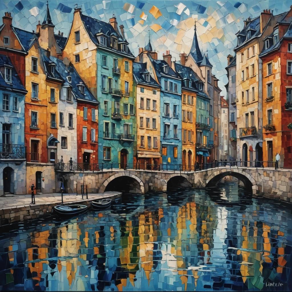 Blue Crystal River in Golden Mirror City: Expressionist Oil ...