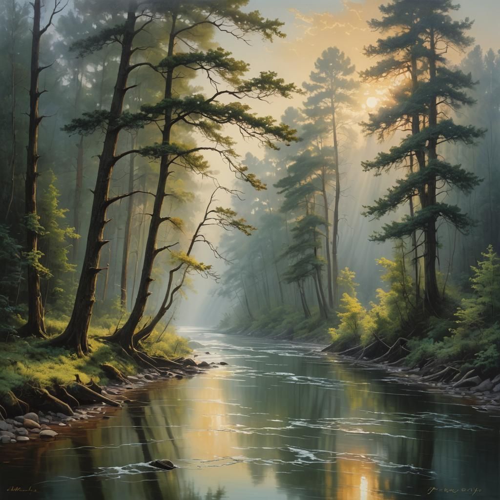 Misty River Through Forest at Sunrise: Oil Painting