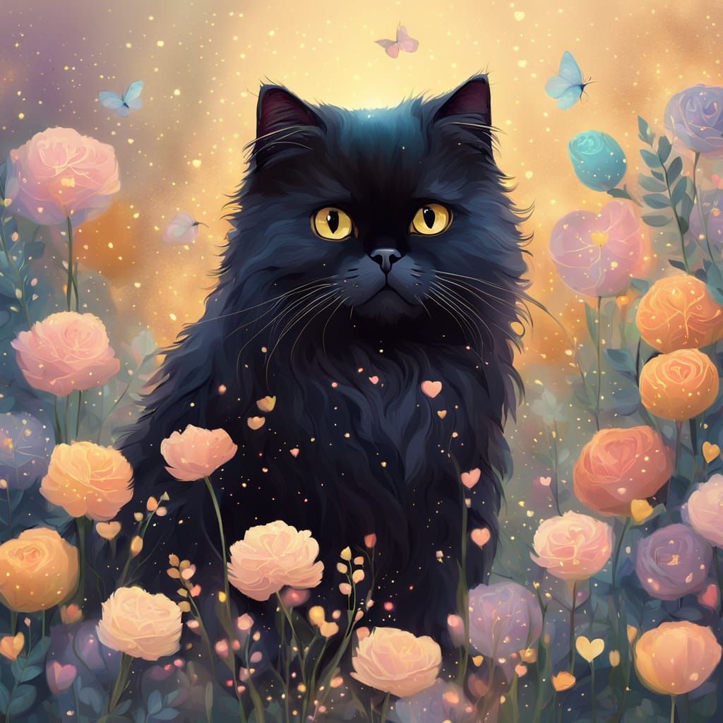 Black Persian Cat Amidst Flowers with Heart Sparkles