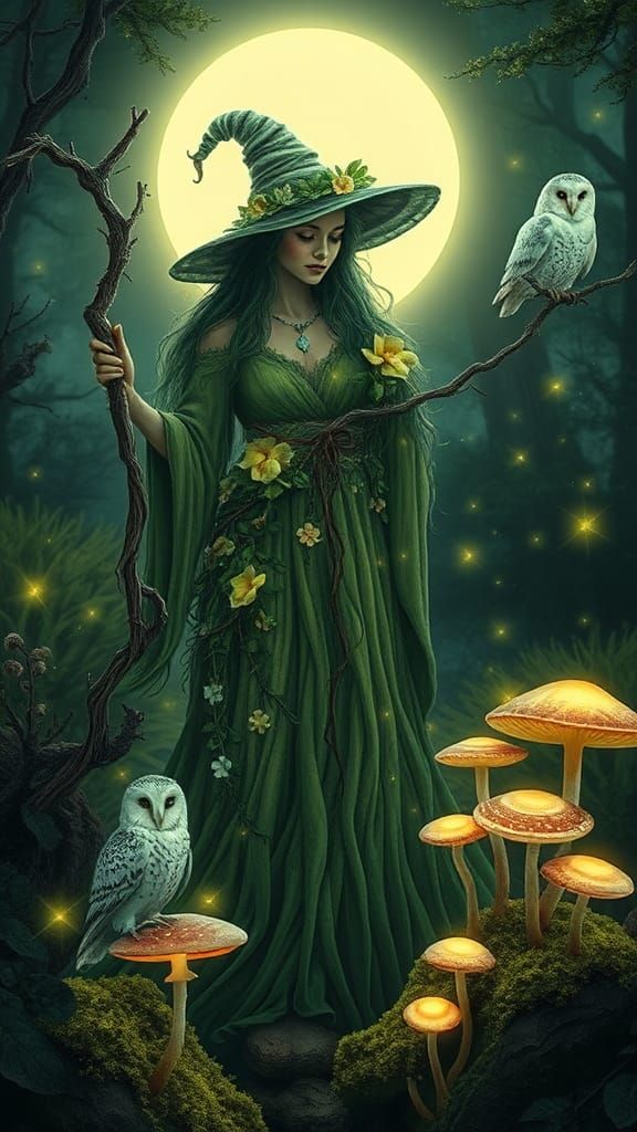 Mystical Forest Witch in Moonlit Garden