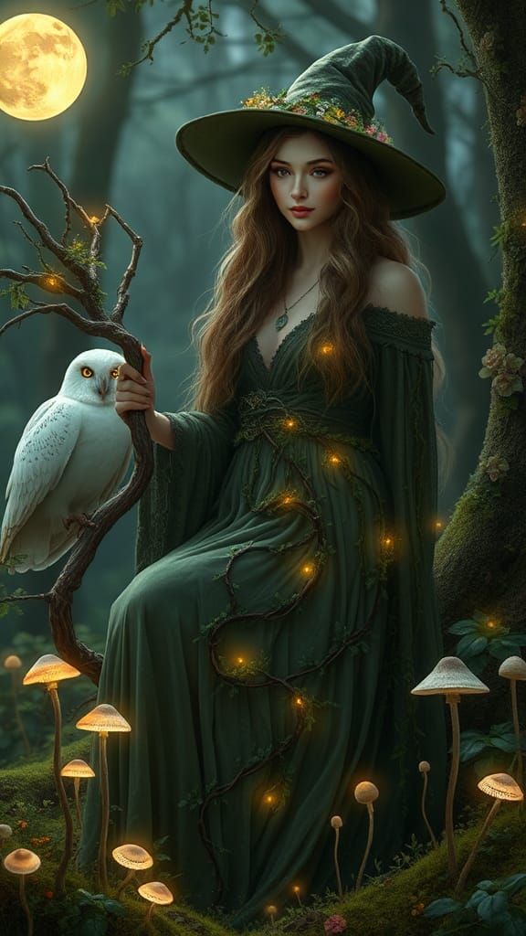 Forest Witch in Moonlit Herb Garden
