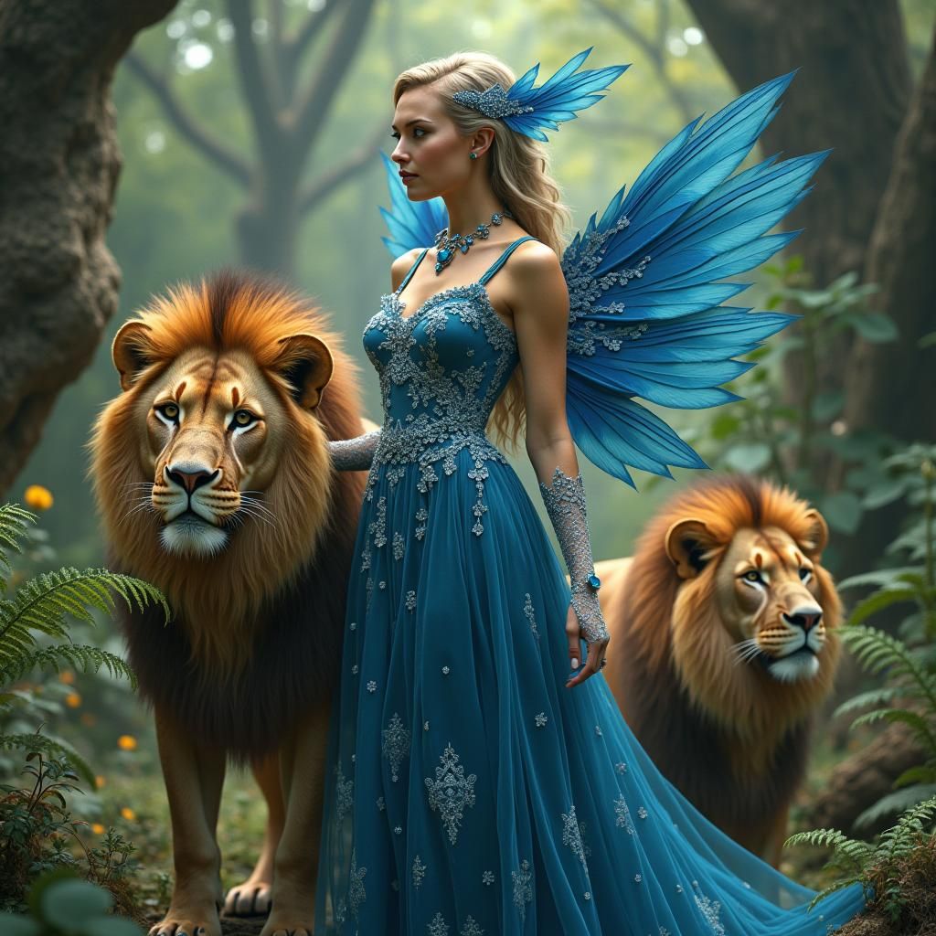 Woman with Lions in Fantasy Art Nouveau Style