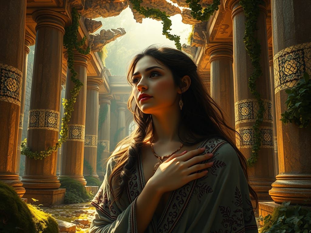 Goddess Awakens in Ancient Temple with Mosaics