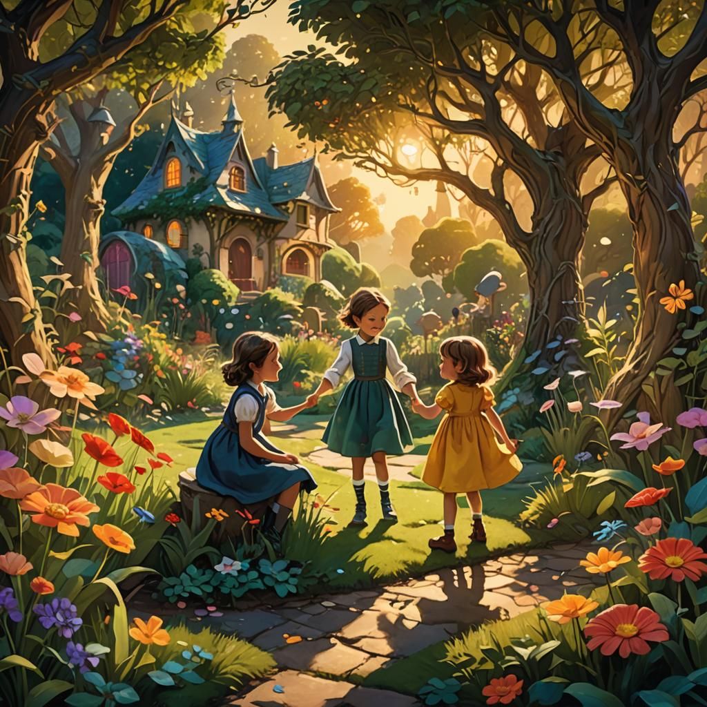 Children Playing in Whimsical Garden as Concept Art