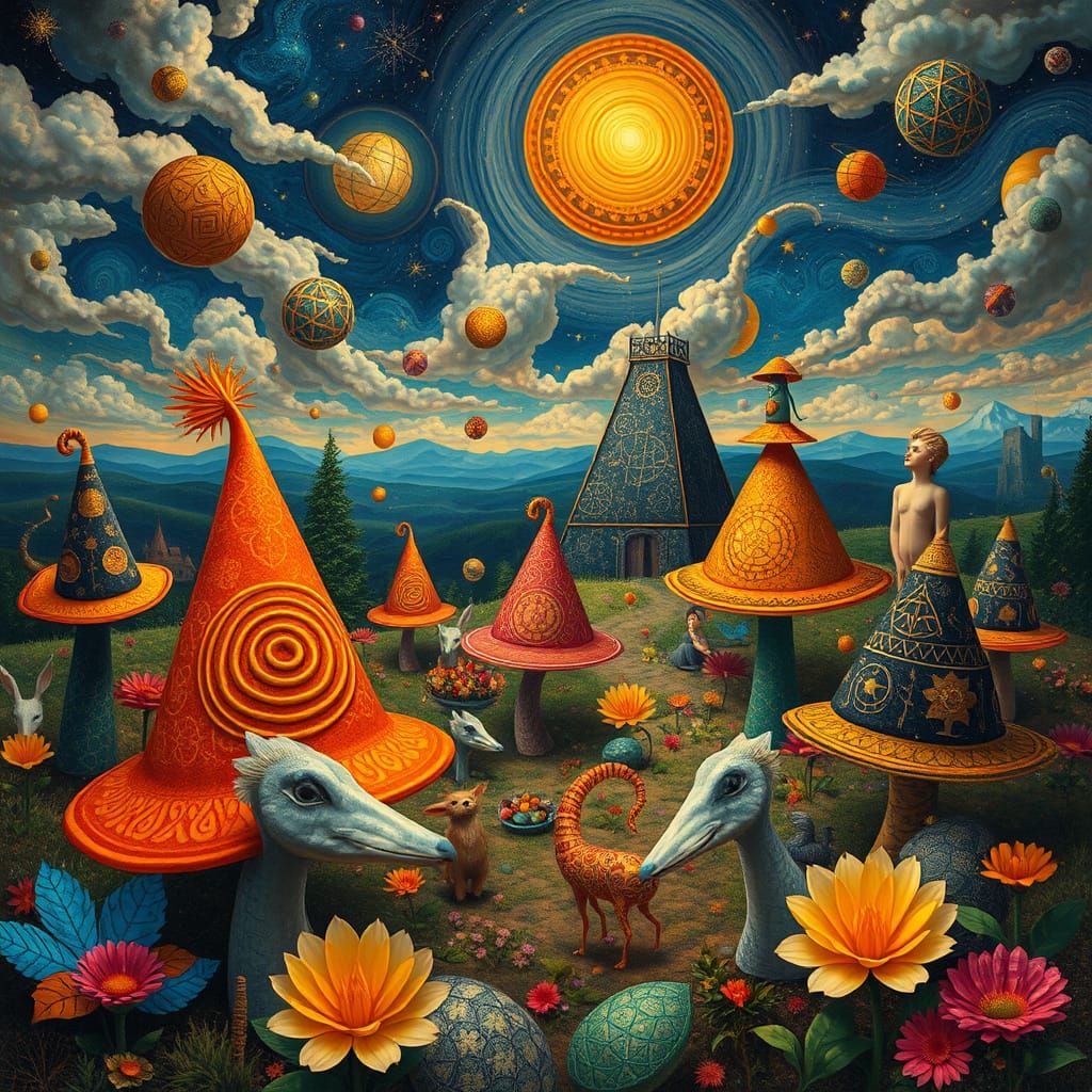 Surreal Landscape with Fantastic Creatures and Geometric Hat...