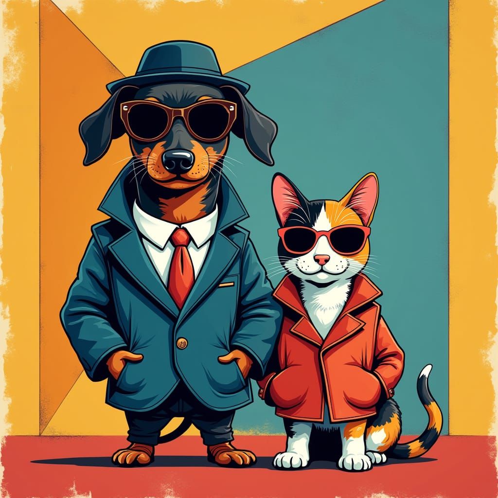 Dapper Wiener Dog Gangster with Calico Cat Sidekick