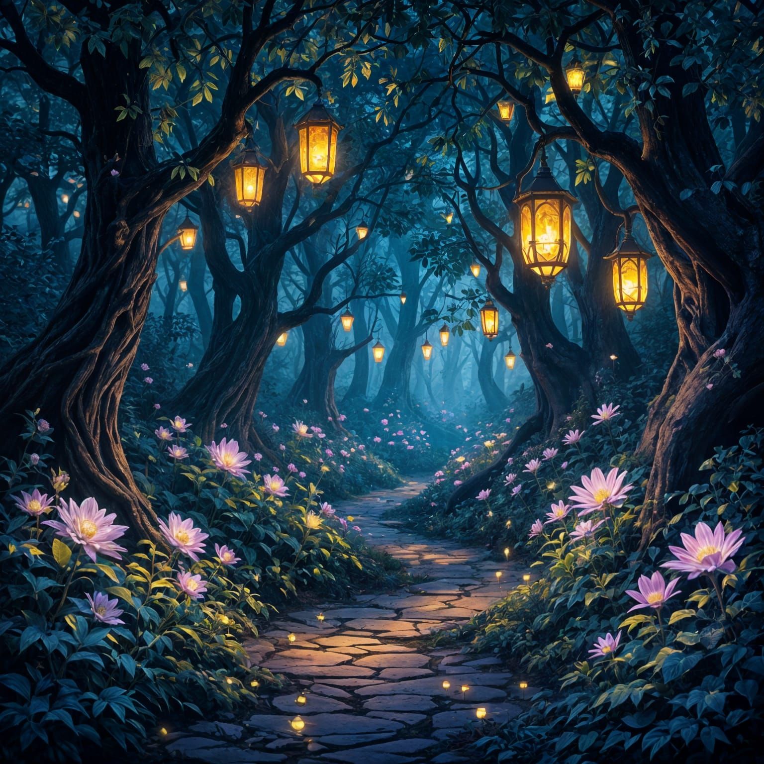 Enchanted Forest Path Lit by Flower Lanterns