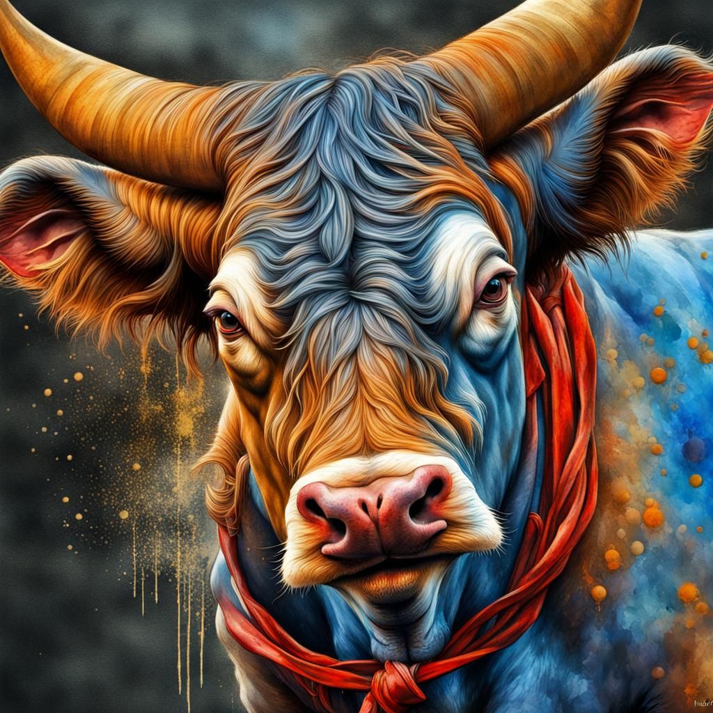 Charging Bull in Watercolour Style