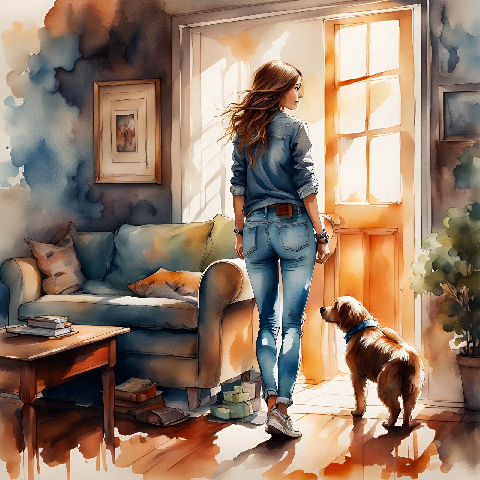 Pretty Woman with Puppy in New Home: Watercolor Art