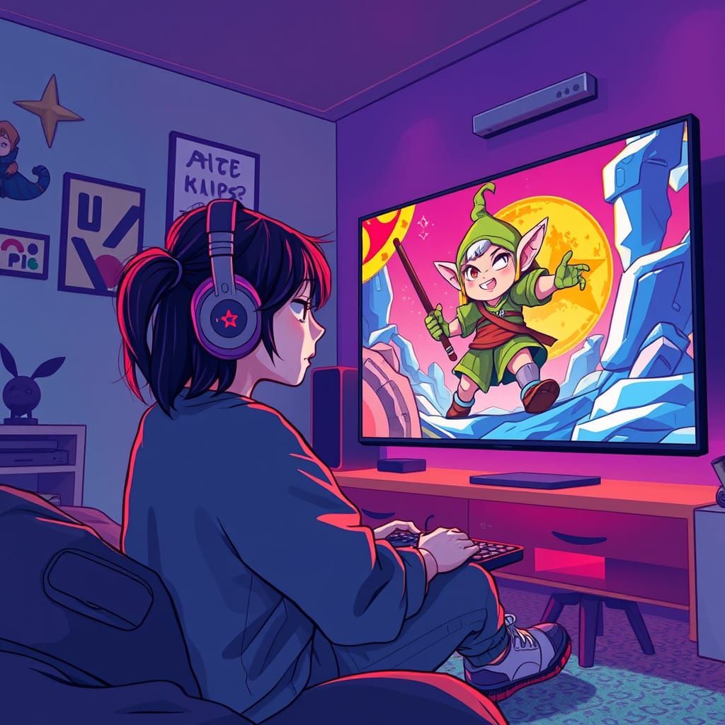 Girl Gaming in a Stylized Digital Art Environment