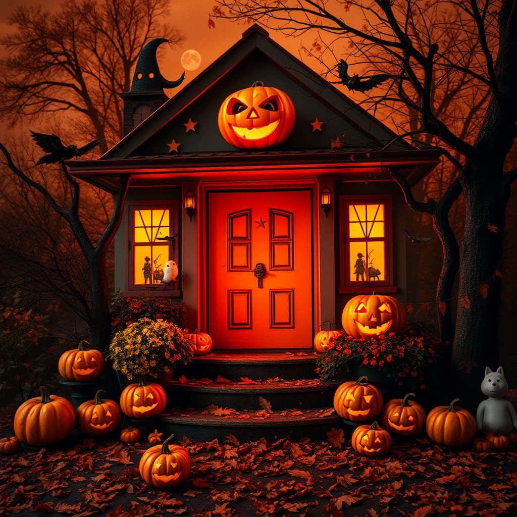 Halloween Scene in Orange and Black Tones