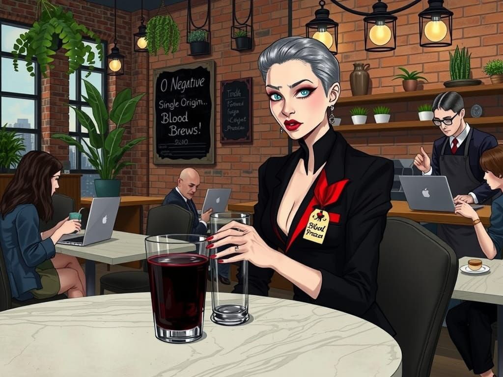 Elegant Vampire Sips Artisanal Blood in Modern Café