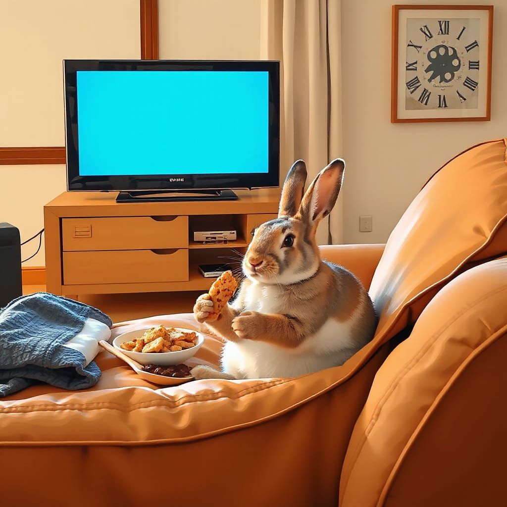 Bunny Relaxing on Sofa Watching Television
