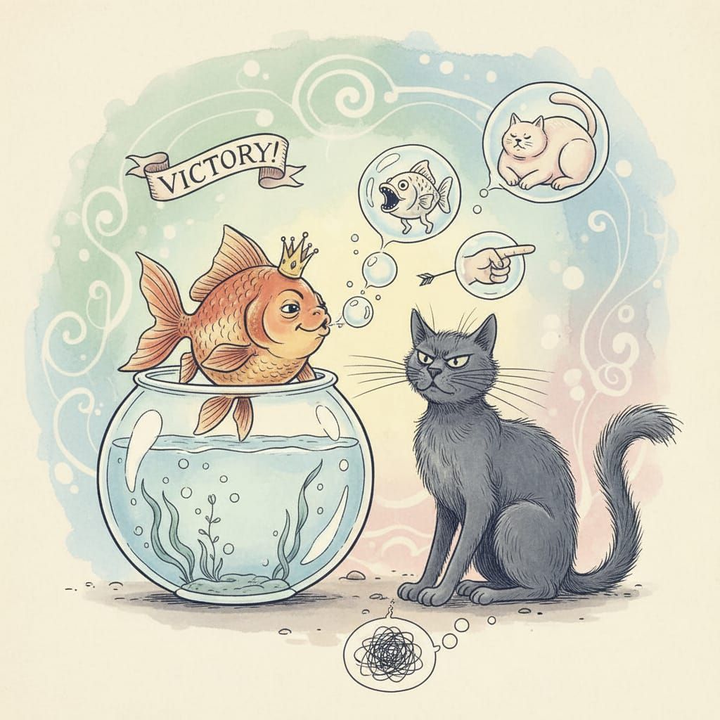Goldfish Taunts Frustrated Cat in Whimsical Illustration