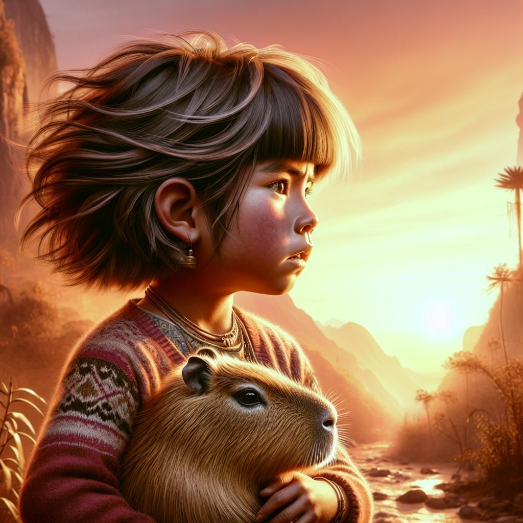 Peruvian Girl with Capybara in Golden Sunset