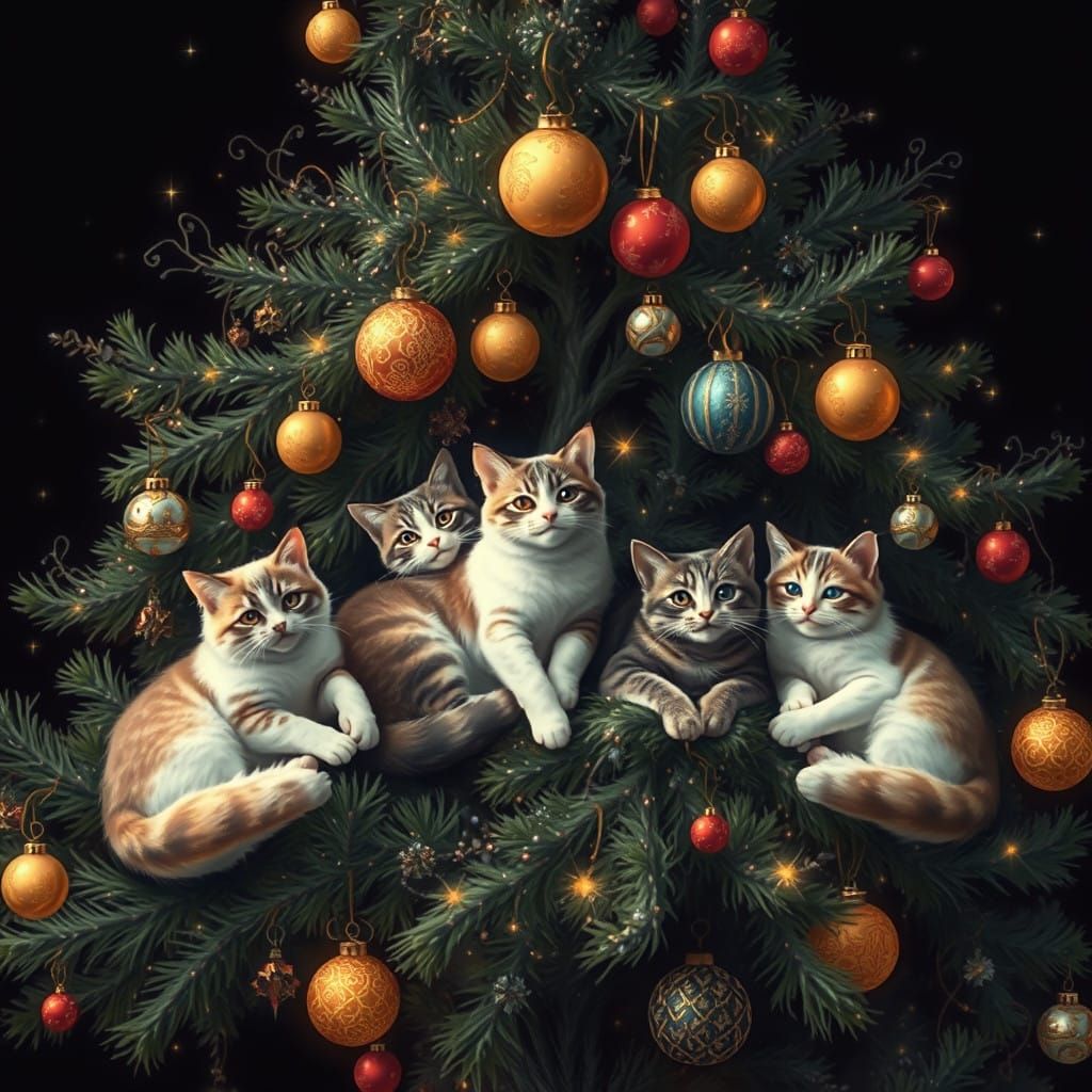 Majestic Felines in a Whimsical Christmas Tree