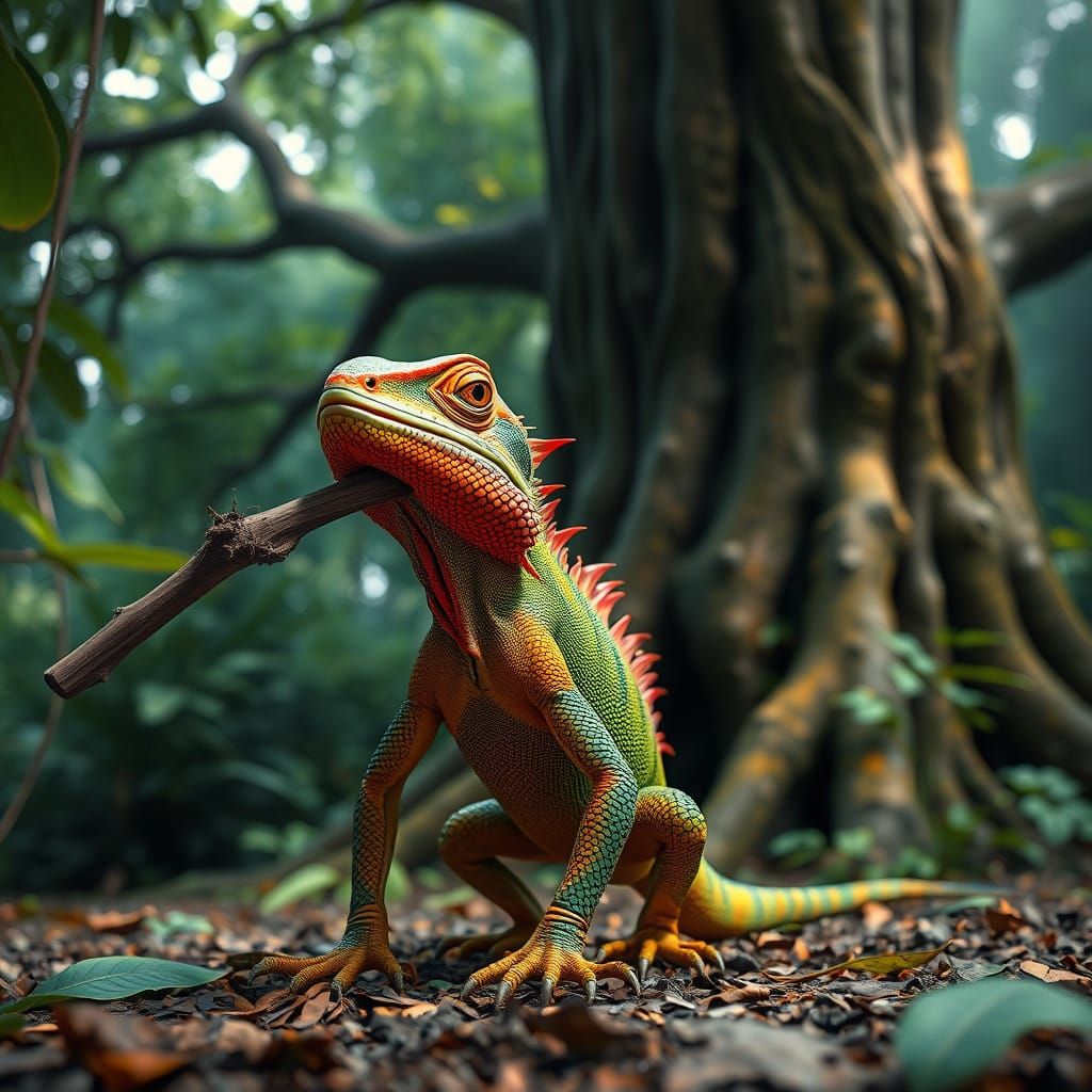 Vibrant Lizard in Forest Landscape, Intricate Detail and Col...