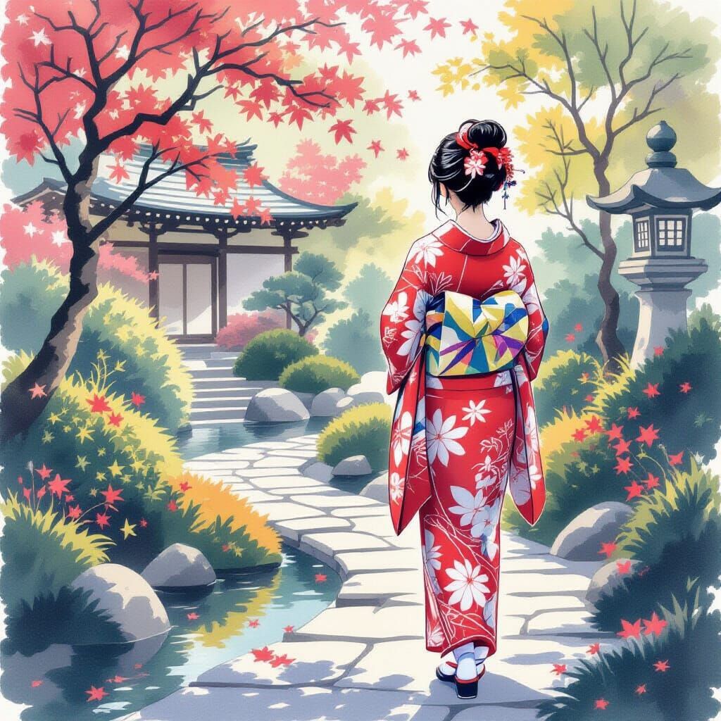 Japanese Woman in Garden: Ink Wash Style