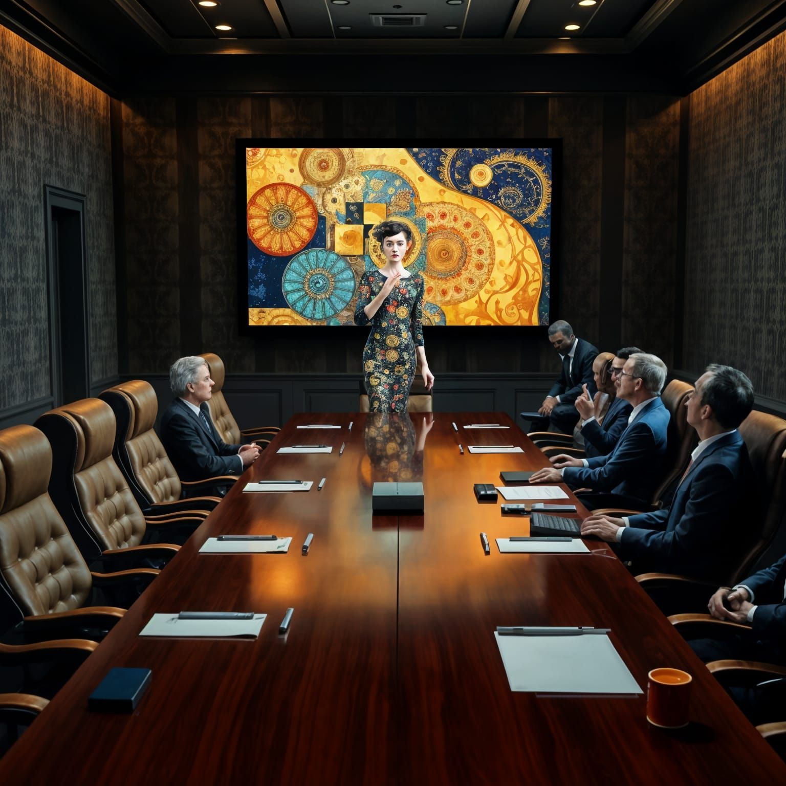 Klimt-Inspired AI Art Board Meeting