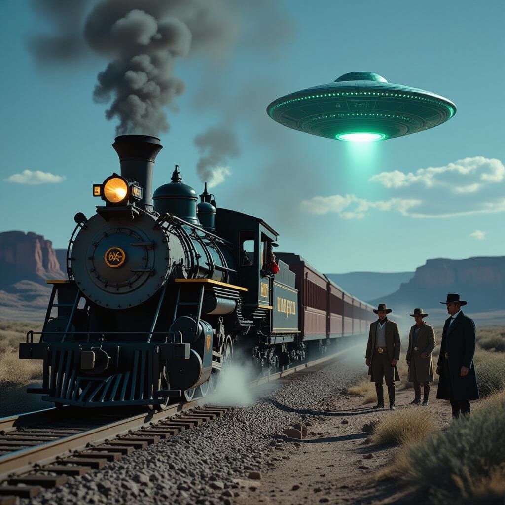 Wild West Train Robbery with Aliens in Cinematic Style