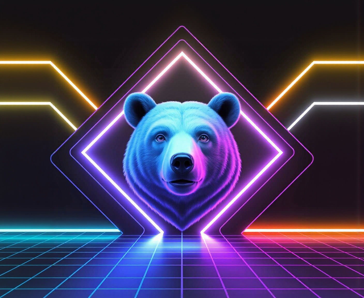 Cyberpunk Bear Head in Geometric Neon Dreamscape