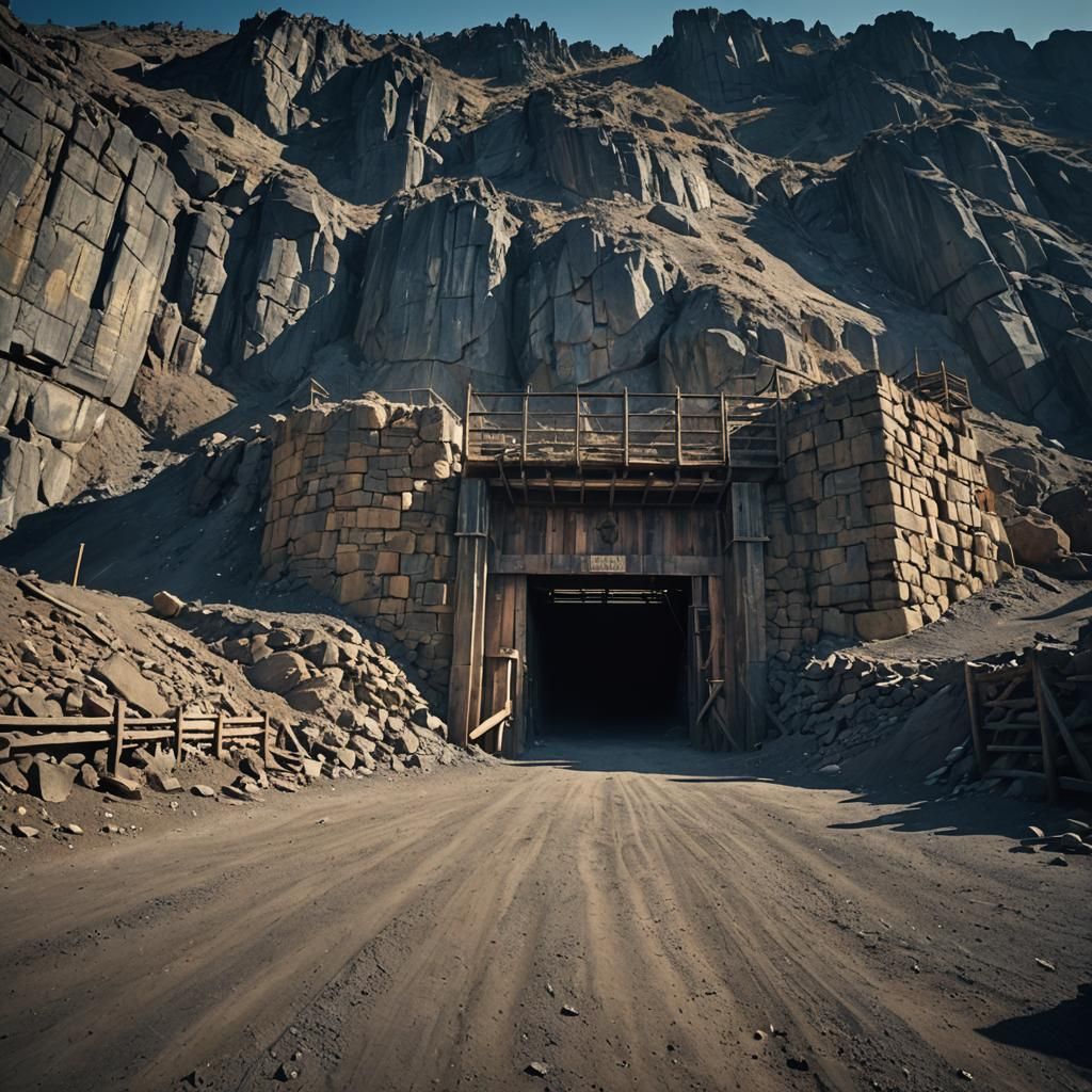 Dramatic Mine Entrance in Barren Mountain Landscape