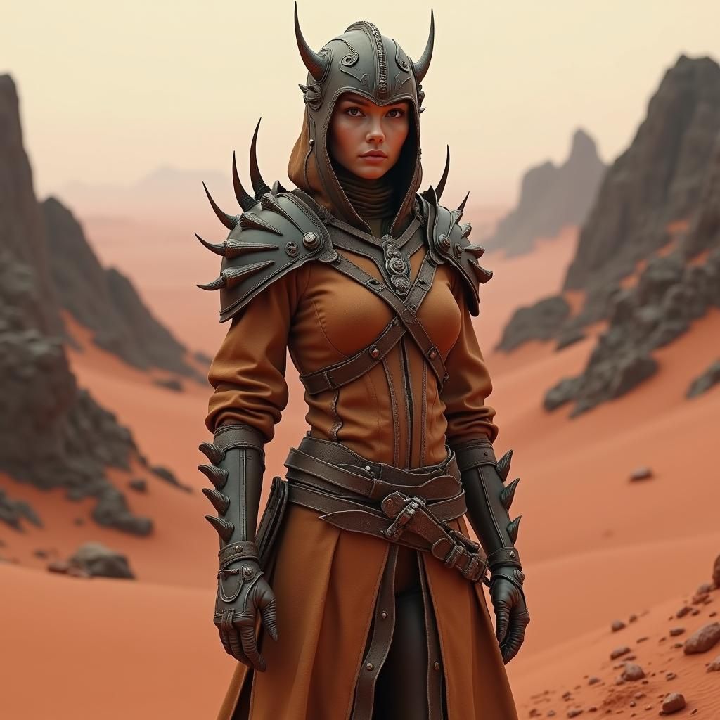 Female Warrior on Mars-like Planet in Dark Fantasy Style