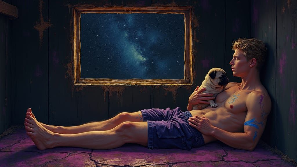 Man Gazes at Stars in Dark Shack, Holding Pug Puppy