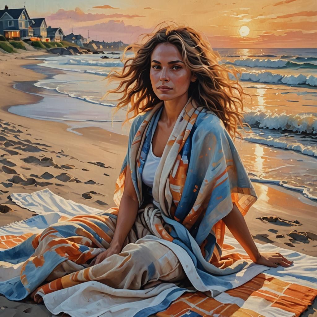 Woman Watching Sunset: Vibrant Oil Painting