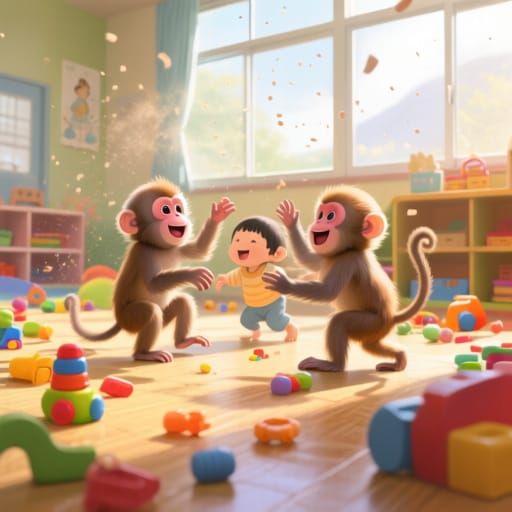 Playful Japanese Macaques at a Whimsical Daycare