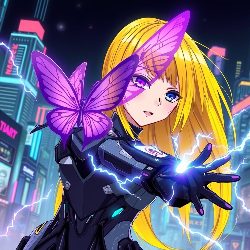 Cyberpunk Anime Girl in Mech Suit, Controlled by a Purple Bu...