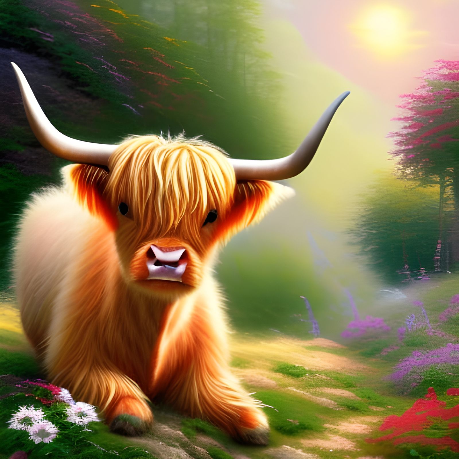 Happy Scottish Highland Cow in a Field of Flowers