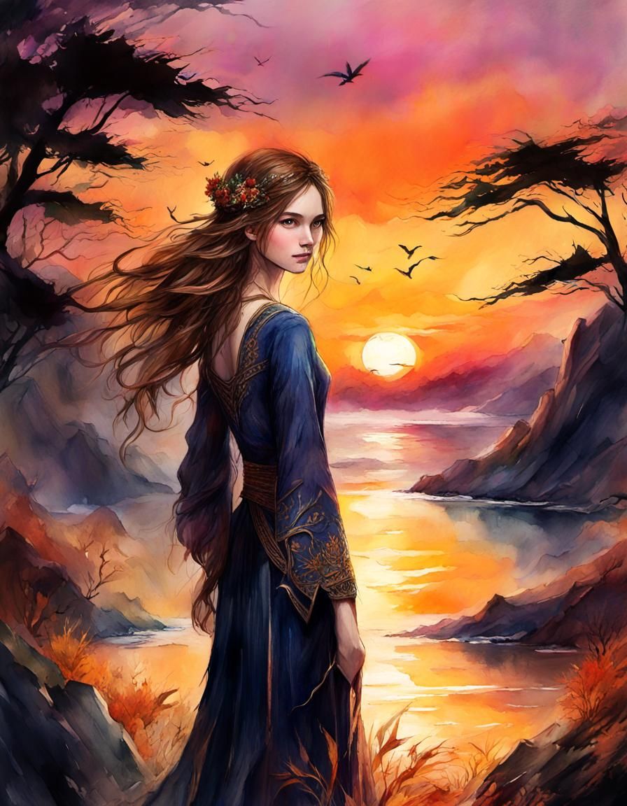 Seasonal Sunset Watercolor Illustration in Digital Art Style