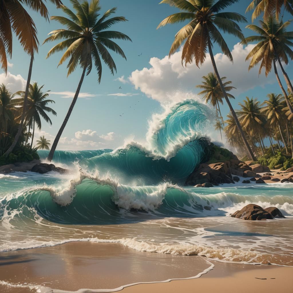 Tropical Beach Waves in Hyperdetailed Concept Art