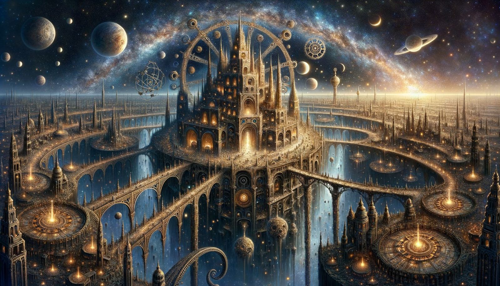 Steampunk City in Cosmos Under Stone Archway