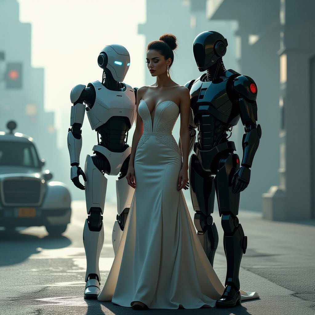 Elegant Woman with Robot in Dystopian Setting