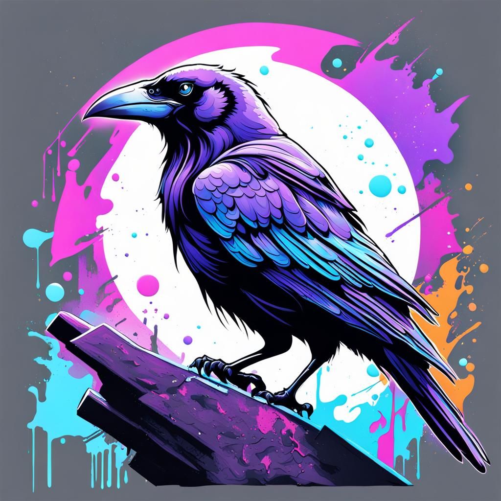 Colorful Raven Under Moon in Graffiti Art Style