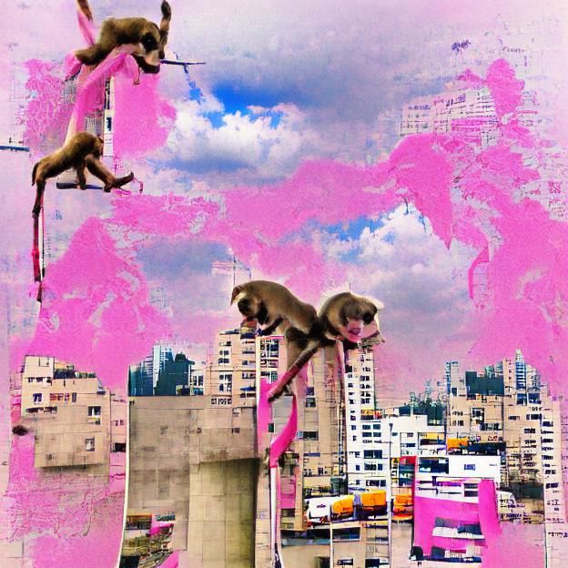 Monkeys Swing Through Pink Cyberpunk Cityscape