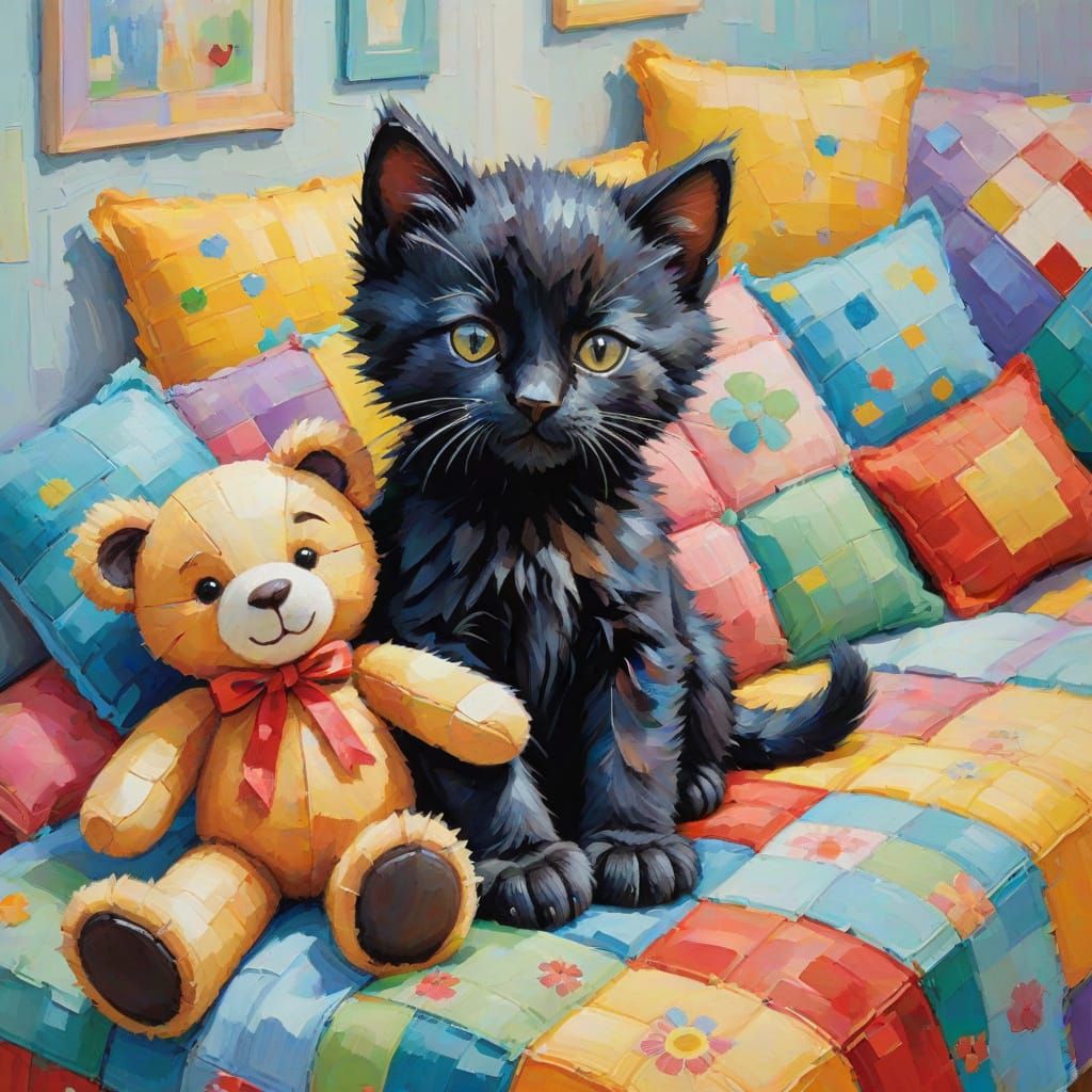 Whimsical Neo-Impressionist Painting of a Black Kitten and T...
