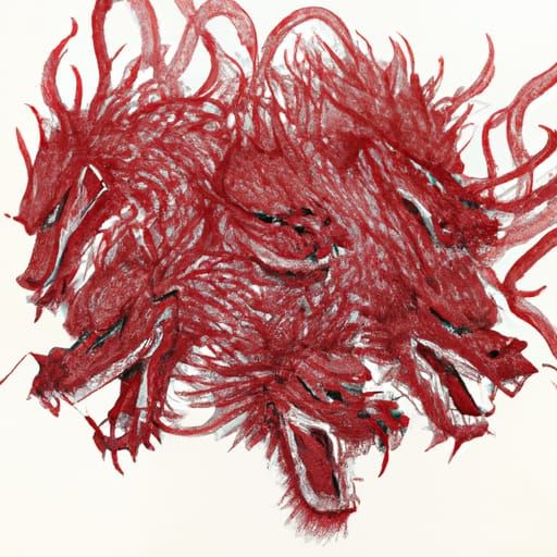 Hyper Realistic Japanese Woodblock Drawing of a Multi-Headed...