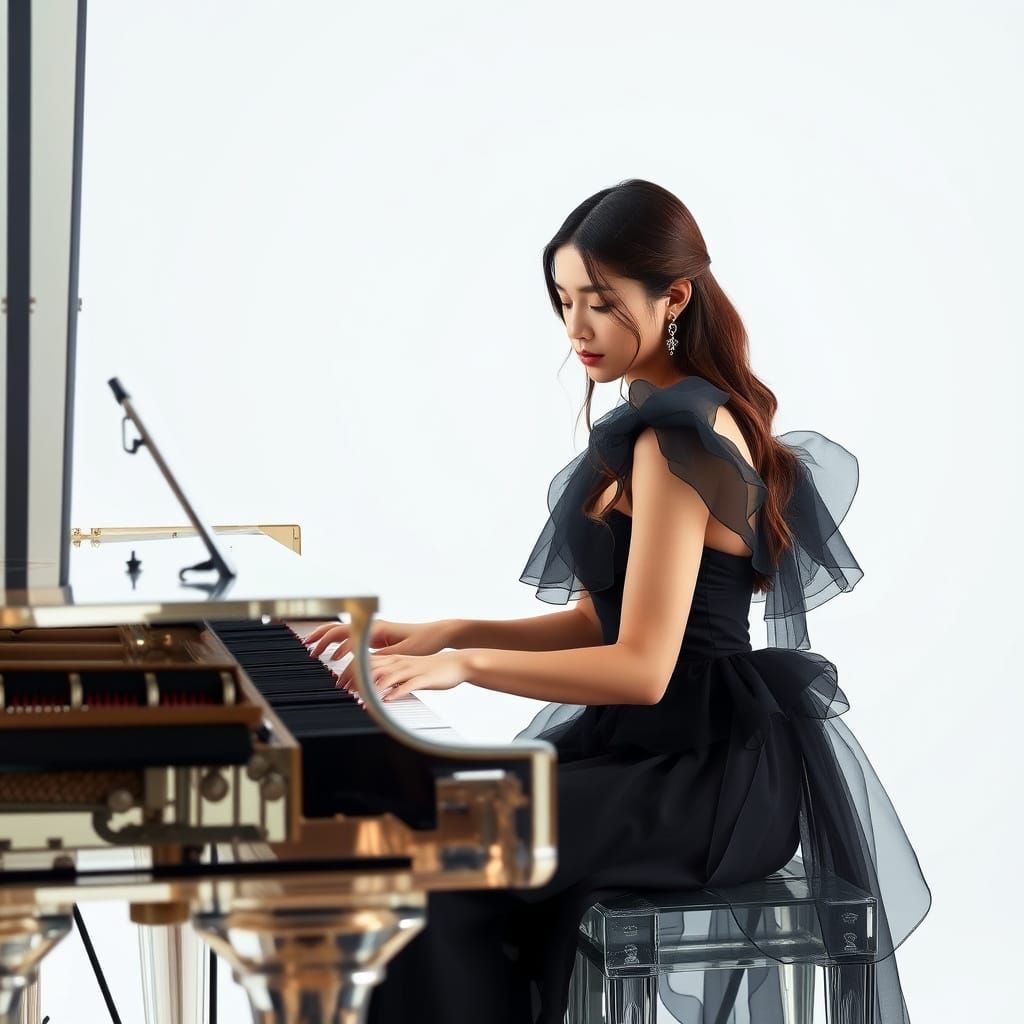 Woman Plays Transparent Piano in Photorealistic Style
