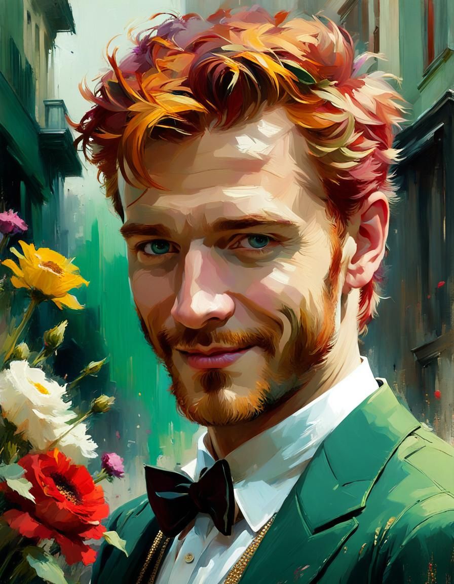 Red-Haired Man in Floral Fantasy, Golden Hour Portrait