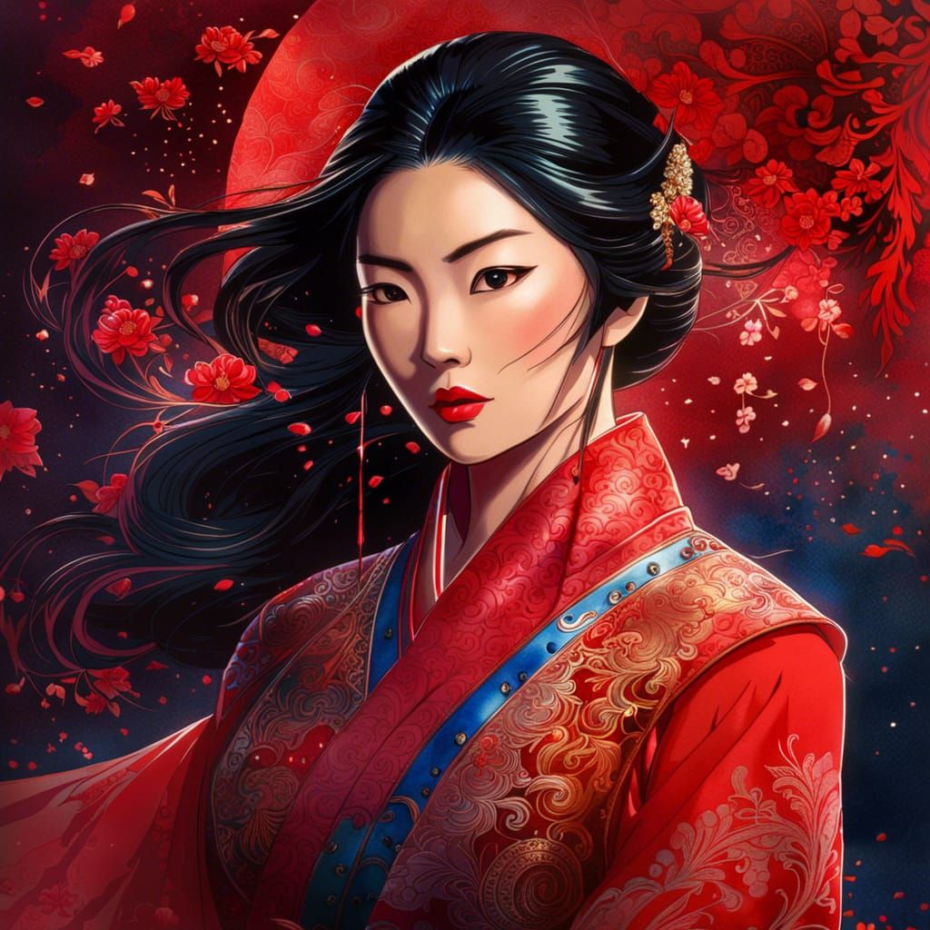 Mulan Portrait with Shiny Aura in Watercolor Style