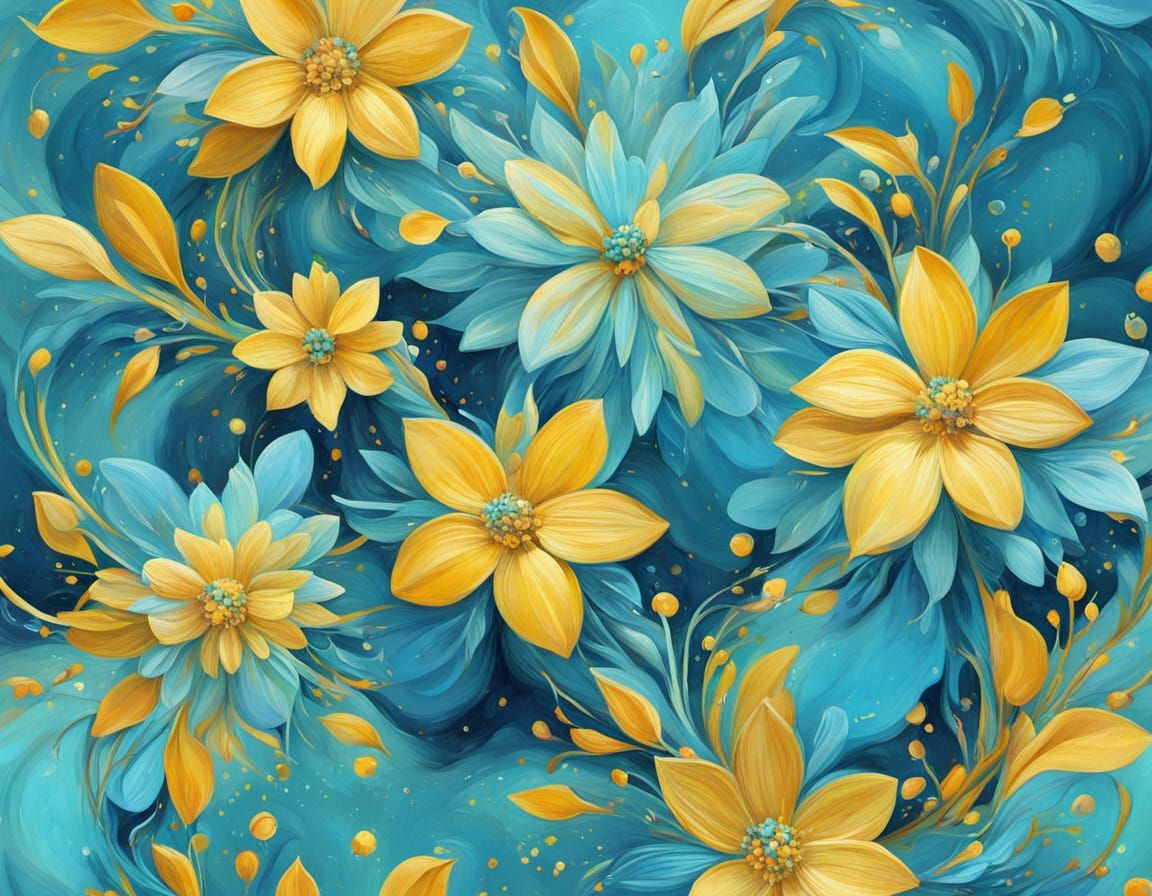 Abstract Floral Painting in Charming Yellow and Turquoise