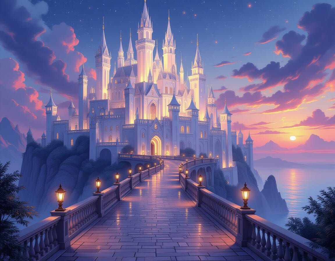 Ethereal Romantic City with Glowing White Buildings