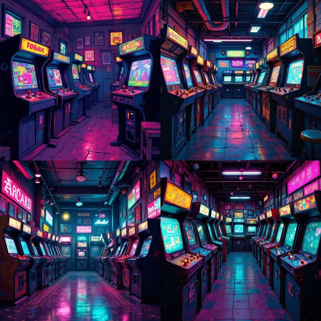 Vibrant Neon Arcadecore Aesthetic with Classic Game Cabinets